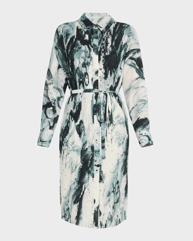 Brushstroke Print Box Pleated Shirtdress With Belt